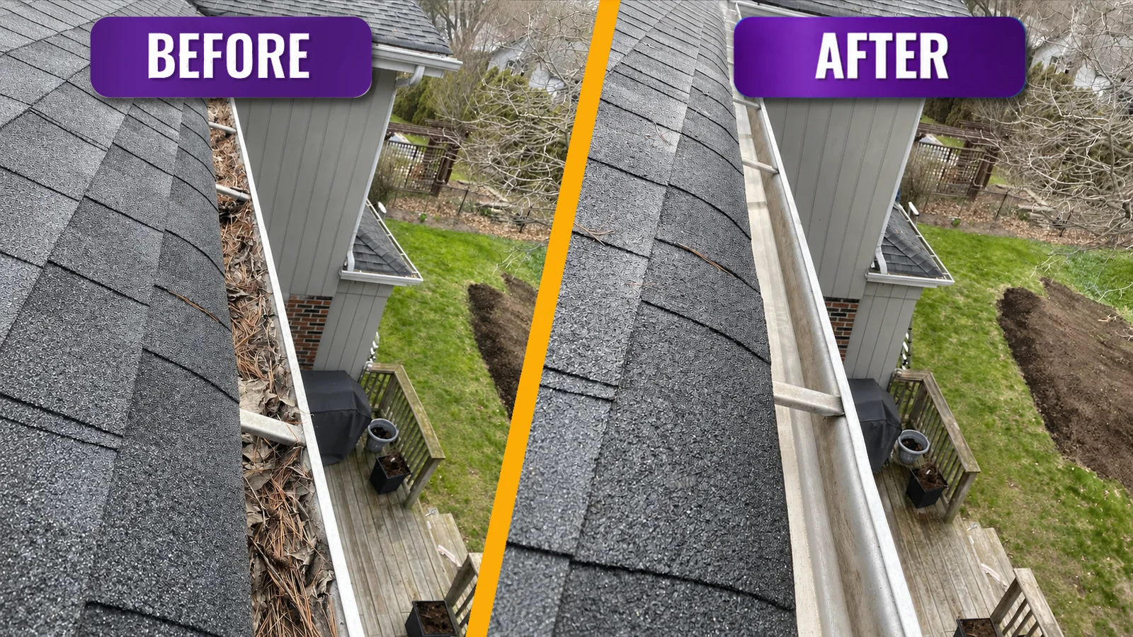 Before and after clearing leaves and debris from a gutter