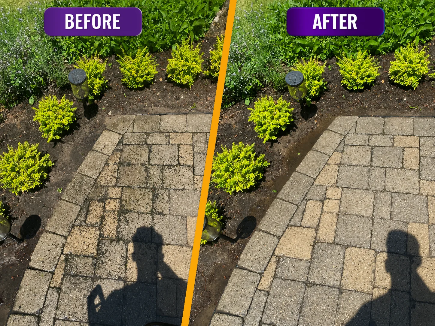 Before and after cleaning on a stone patio beside a garden