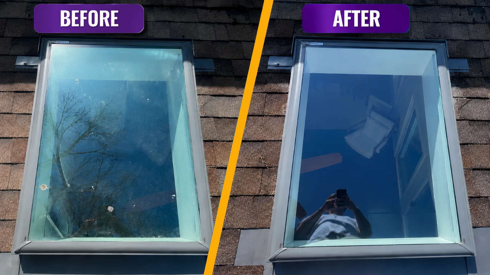 Before and after window cleaning on a roof skylight